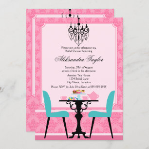 Elegant Damask en Chandelier Pink Aqua Tea Party Kaart