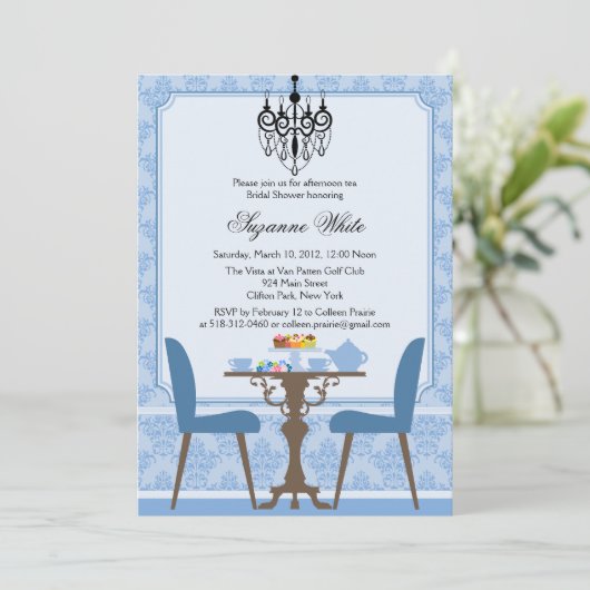 Elegant Damask en Chandelier Tea Party Invitation Kaart (Staand voorkant)