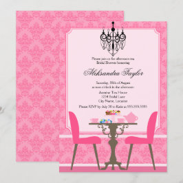 Elegant Damask en Chandelier Tea Party Kaart