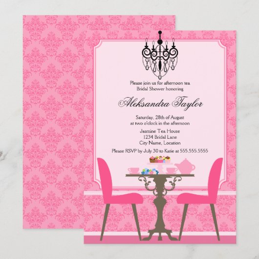 Elegant Damask en Chandelier Tea Party Kaart (Voorkant / Achterkant)