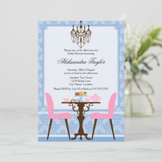 Elegant Damask en Chandelier Tea Party Kaart (Staand voorkant)