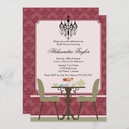 Elegant Damask en Chandelier Tea Party Kaart (Voorkant / Achterkant)