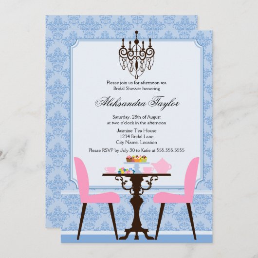 Elegant Damask en Chandelier Tea Party Kaart (Voorkant / Achterkant)