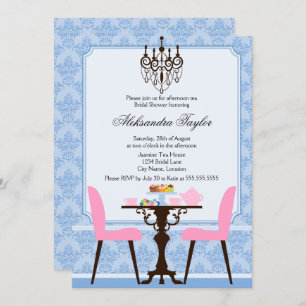 Elegant Damask en Chandelier Tea Party Kaart