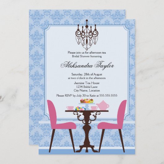 Elegant Damask en Chandelier Tea Party Kaart (Voorkant / Achterkant)