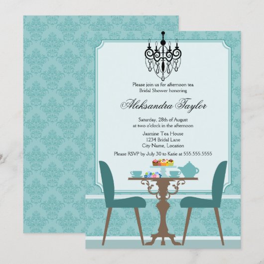 Elegant Damask en Chandelier Tea Party Kaart (Voorkant / Achterkant)