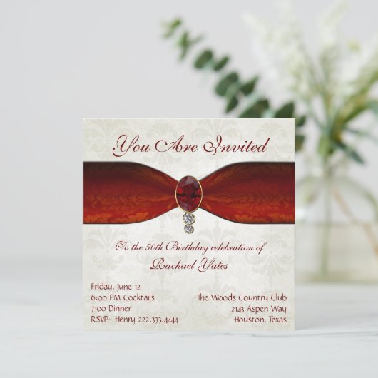 Elegant damask en Ruby Invitations Kaart (Staand voorkant)