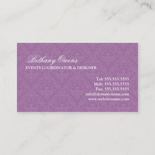 Elegant Damask Event Coordinator Visitekaartje (Achterkant)