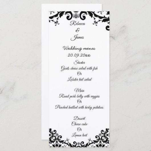 Elegant Damask Floral Black & White Wedding Menu (Voorkant / Achterkant)