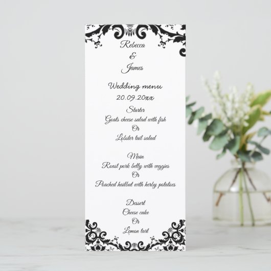 Elegant Damask Floral Black & White Wedding Menu (Staand voorkant)