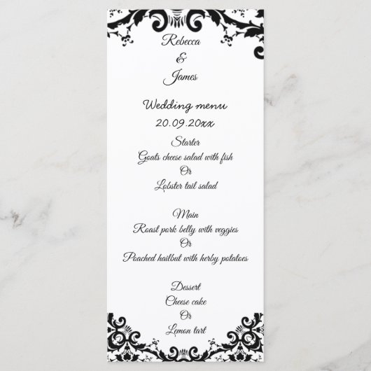 Elegant Damask Floral Black & White Wedding Menu (Voorkant)