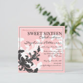 Elegant Damask Floral Sweet Sixteen Uitnodiging (Staand voorkant)