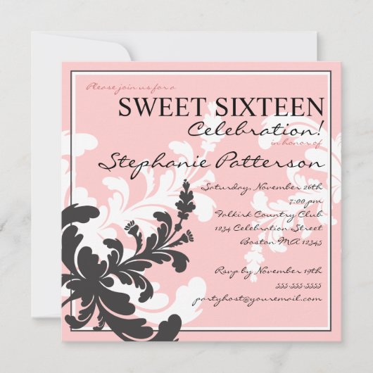 Elegant Damask Floral Sweet Sixteen Uitnodiging (Voorkant)