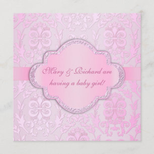 Elegant Damask Floral Swirl Pink Baby shower Kaart
