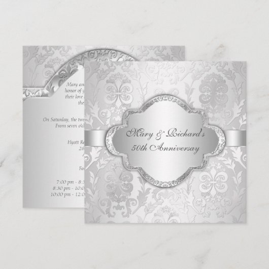 Elegant Damask Floral Swirl Silve 25th Jubileum Kaart (Voorkant / Achterkant)