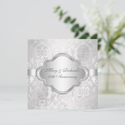 Elegant Damask Floral Swirl Silve 25th Jubileum Kaart (Staand voorkant)