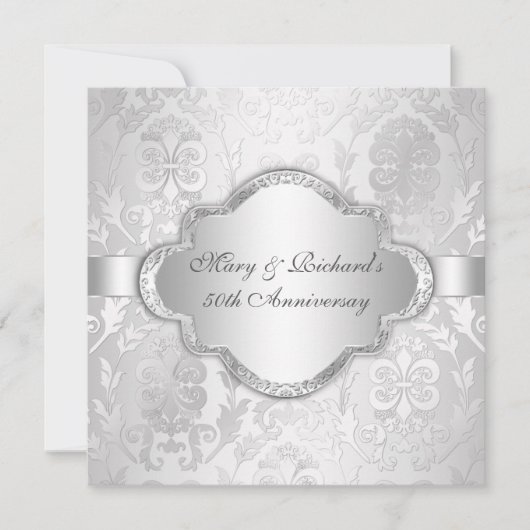 Elegant Damask Floral Swirl Silve 25th Jubileum Kaart (Voorkant)