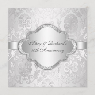 Elegant Damask Floral Swirl Silve 25th Jubileum Kaart