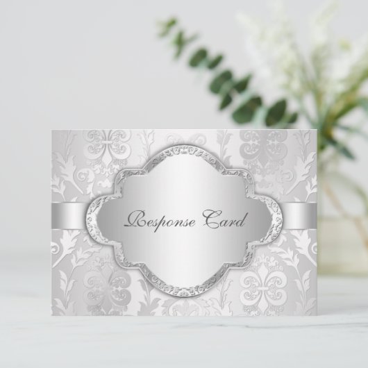 Elegant Damask Floral Swirl Silver RSVP (Staand voorkant)
