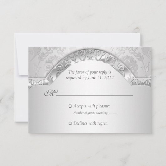 Elegant Damask Floral Swirl Silver RSVP (Achterkant)