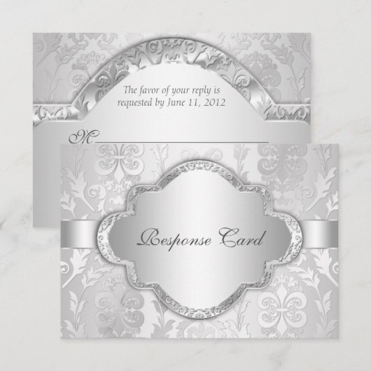 Elegant Damask Floral Swirl Silver RSVP (Voorkant / Achterkant)