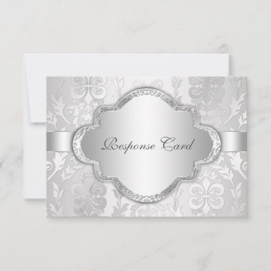 Elegant Damask Floral Swirl Silver RSVP Kaartje (Voorkant)