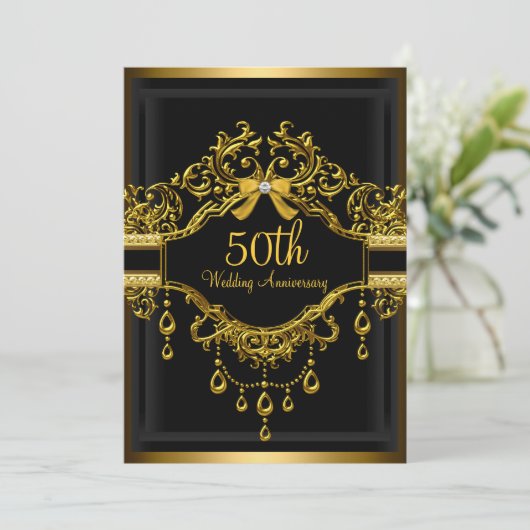 Elegant Damask Gold 50e Jubileum Invite Kaart (Staand voorkant)