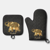 Elegant Damask Gold Paisley Elephant Ovenwant & Pannenlap Set (Voorkant)