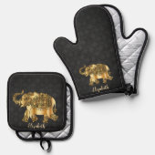 Elegant Damask Gold Paisley Elephant Ovenwant & Pannenlap Set (Voorkant / Achterkant)