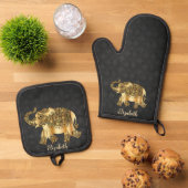 Elegant Damask Gold Paisley Elephant Ovenwant & Pannenlap Set (Top down)
