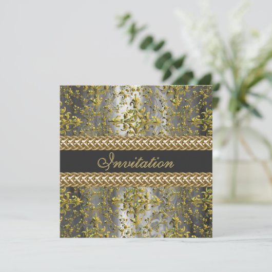 Elegant Damask Gold Silver Grey Party Uitnodigen Kaart (Staand voorkant)