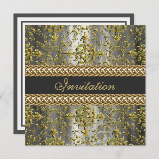 Elegant Damask Gold Silver Grey Party Uitnodigen Kaart (Voorkant / Achterkant)
