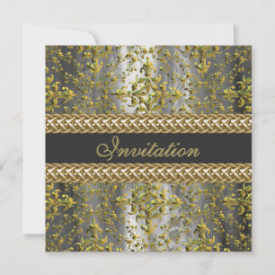Elegant Damask Gold Silver Grey Party Uitnodigen Kaart