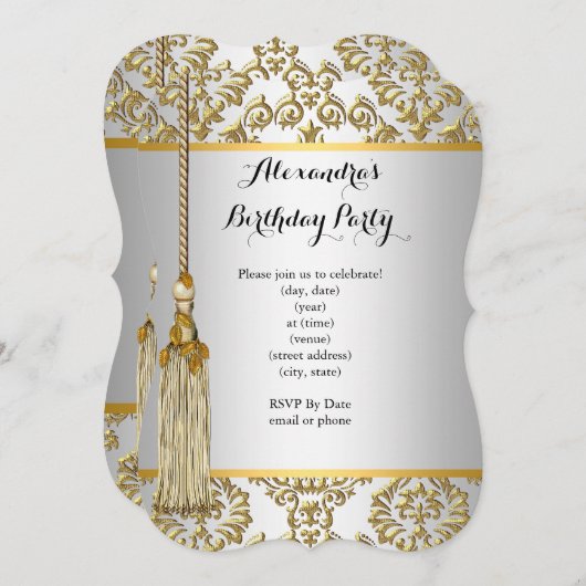 Elegant Damask Gold Silver White Birthday Party Kaart (Voorkant / Achterkant)