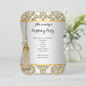 Elegant Damask Gold Silver White Birthday Party Kaart (Staand voorkant)