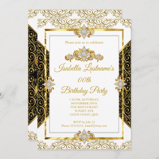 Elegant Damask Gold White Diamond Birthday Party Kaart (Voorkant / Achterkant)