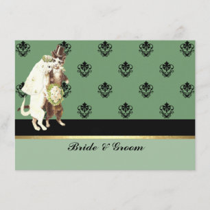 Elegant Damask Green Cats Wedding Set Invitation Kaart