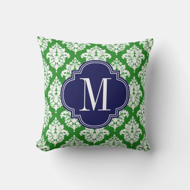 Elegant Damask Green & Navy Custom Monogramed Kussen (Voorkant)