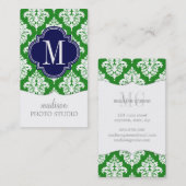 Elegant Damask Green & Navy Custom Monogramed Visitekaartje (Voorkant / Achterkant)