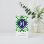 Elegant Damask Green & Navy Custom Monogramed Visitekaartje (Staand voorkant)