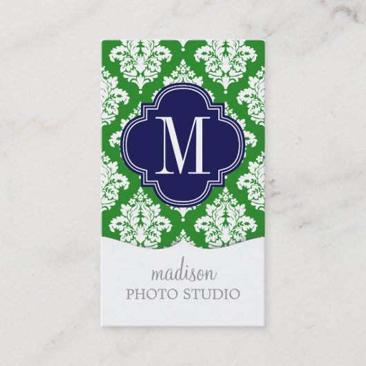Elegant Damask Green & Navy Custom Monogramed Visitekaartje (Voorkant)