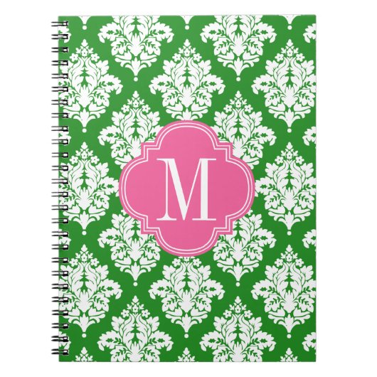 Elegant Damask Green & Pink Custom Monogramed Notitieboek (Voorkant)