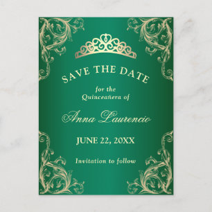 Elegant Damask Green Quinceanera slaat de datum op Briefkaart