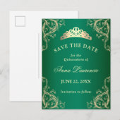 Elegant Damask Green Quinceanera slaat de datum op Briefkaart (Voorkant / Achterkant)