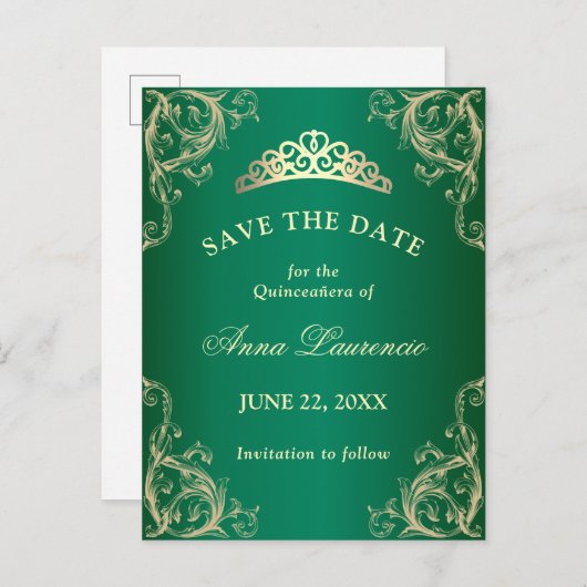 Elegant Damask Green Quinceanera slaat de datum op Briefkaart (Voorkant / Achterkant)