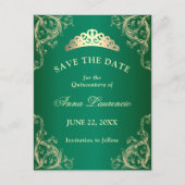Elegant Damask Green Quinceanera slaat de datum op Briefkaart (Voorkant)