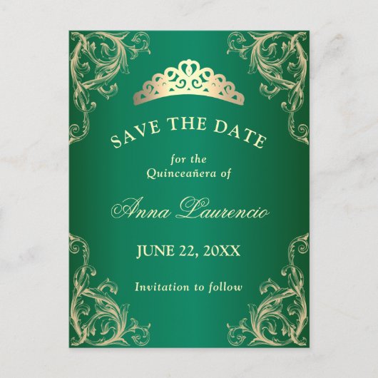 Elegant Damask Green Quinceanera slaat de datum op Briefkaart (Voorkant)