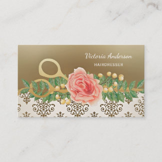 Elegant Damask Hairdresser  Roos Scissors Visitekaartje