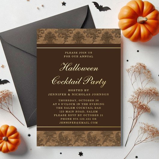 Elegant Damask Halloween Cocktail Party Gold Folie Uitnodiging