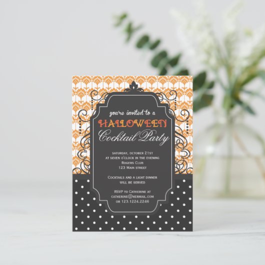 Elegant Damask Halloween Cocktail Party Kaart (Staand voorkant)